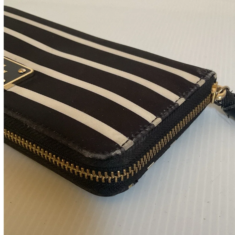 Kate Spade New York Black White Striped Zip Around Wallet Continental Purse